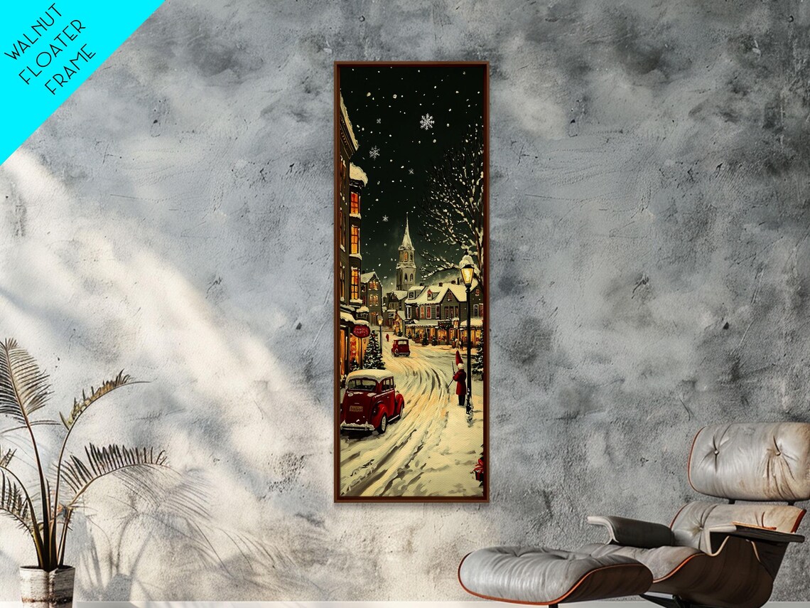 Snowy Village Street At Night With Vintage Red Car Christmas Poster
