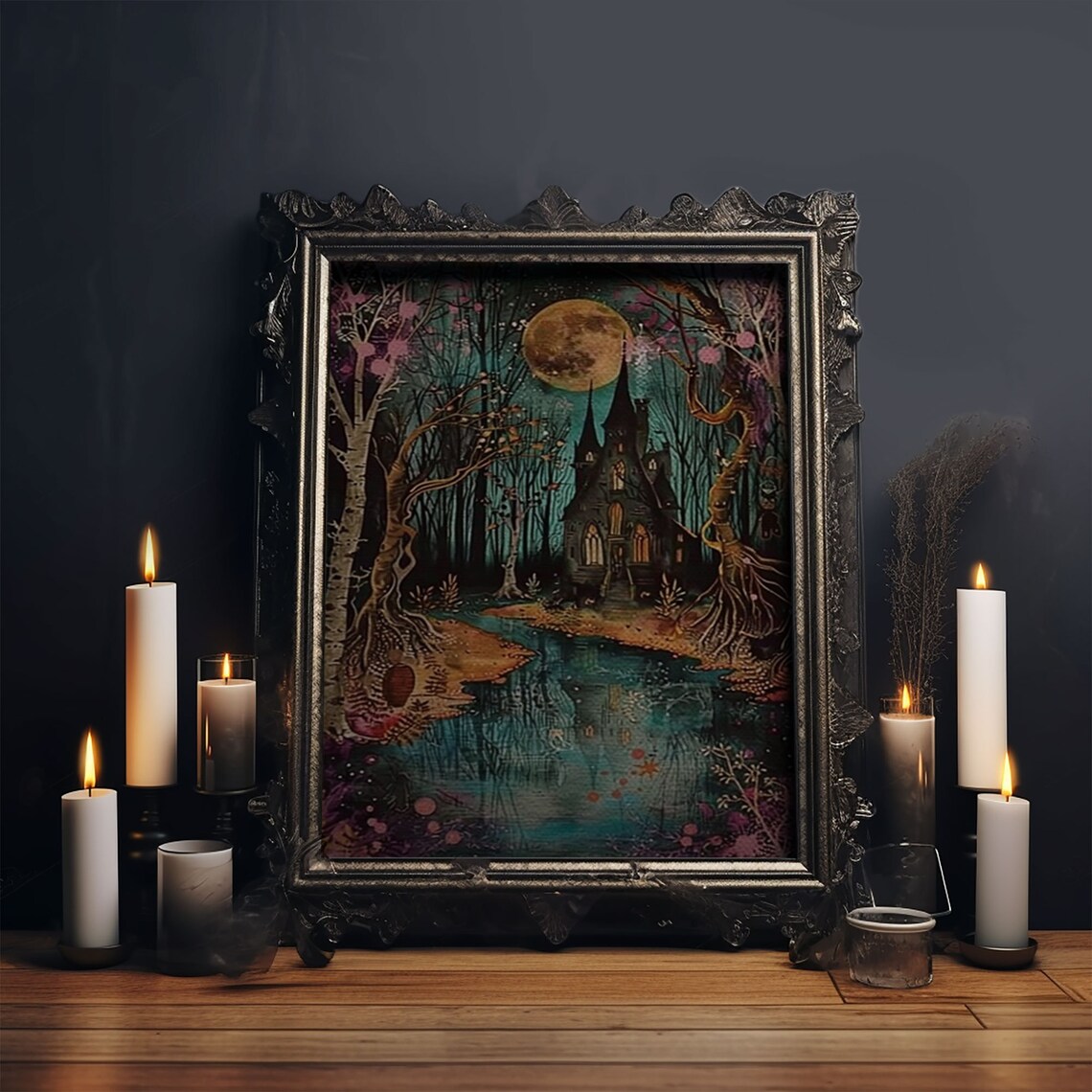 Haunted Castle By The Lake Full Moon Gothic Forest Art Poster