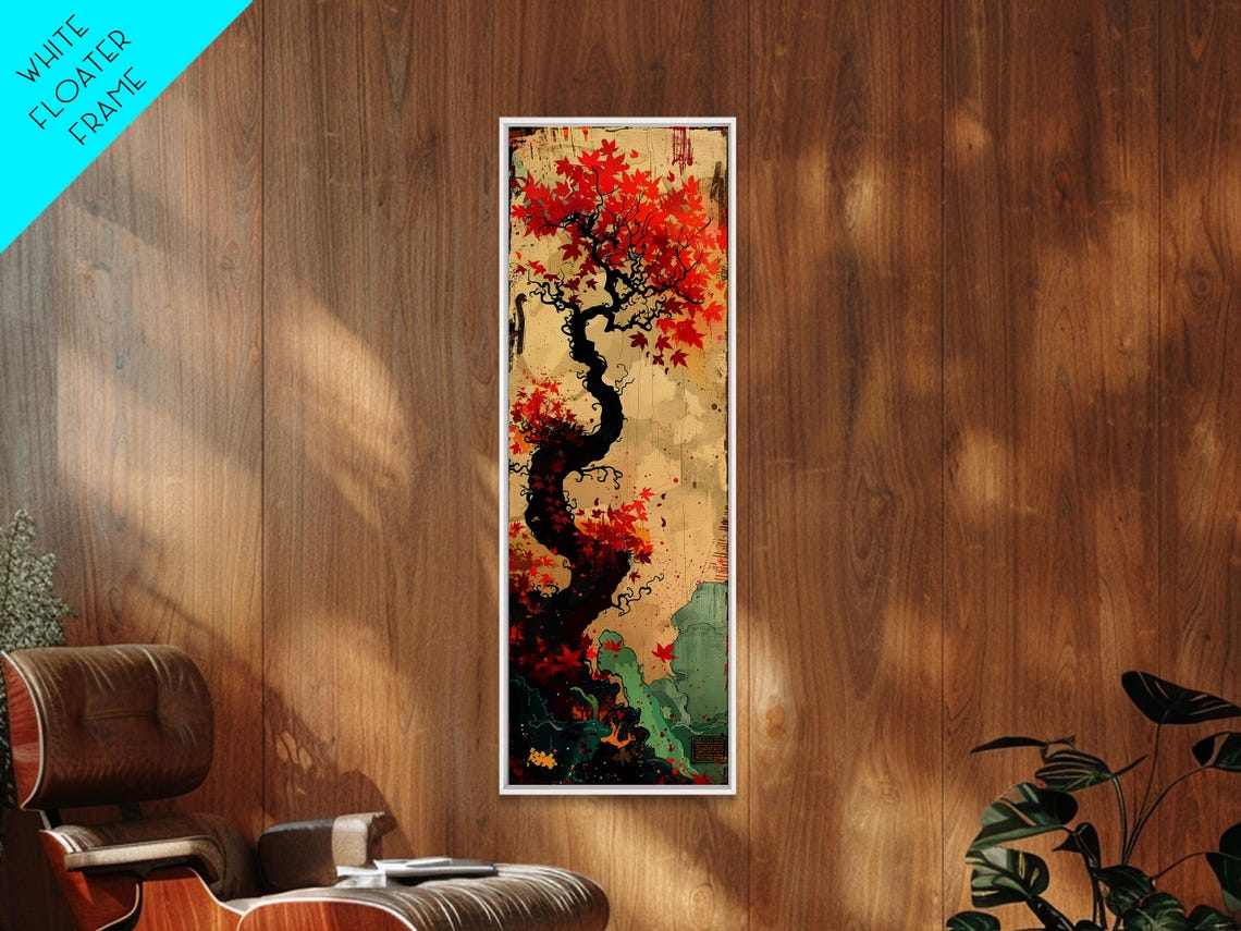 Twisted Autumn Tree Red Maple Leaves Dramatic Tall Art Print - Image 6
