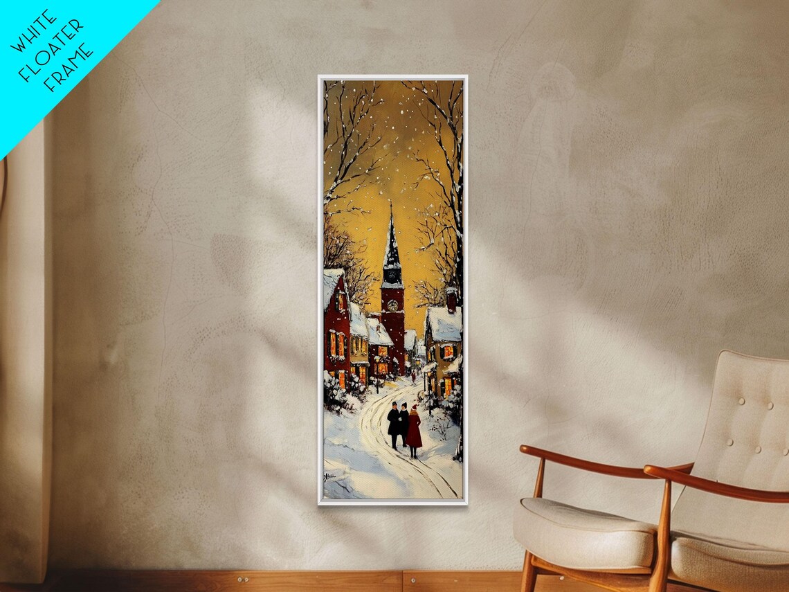 Snowy Village Street With Church Steeple Golden Sky Winter Poster - Image 4