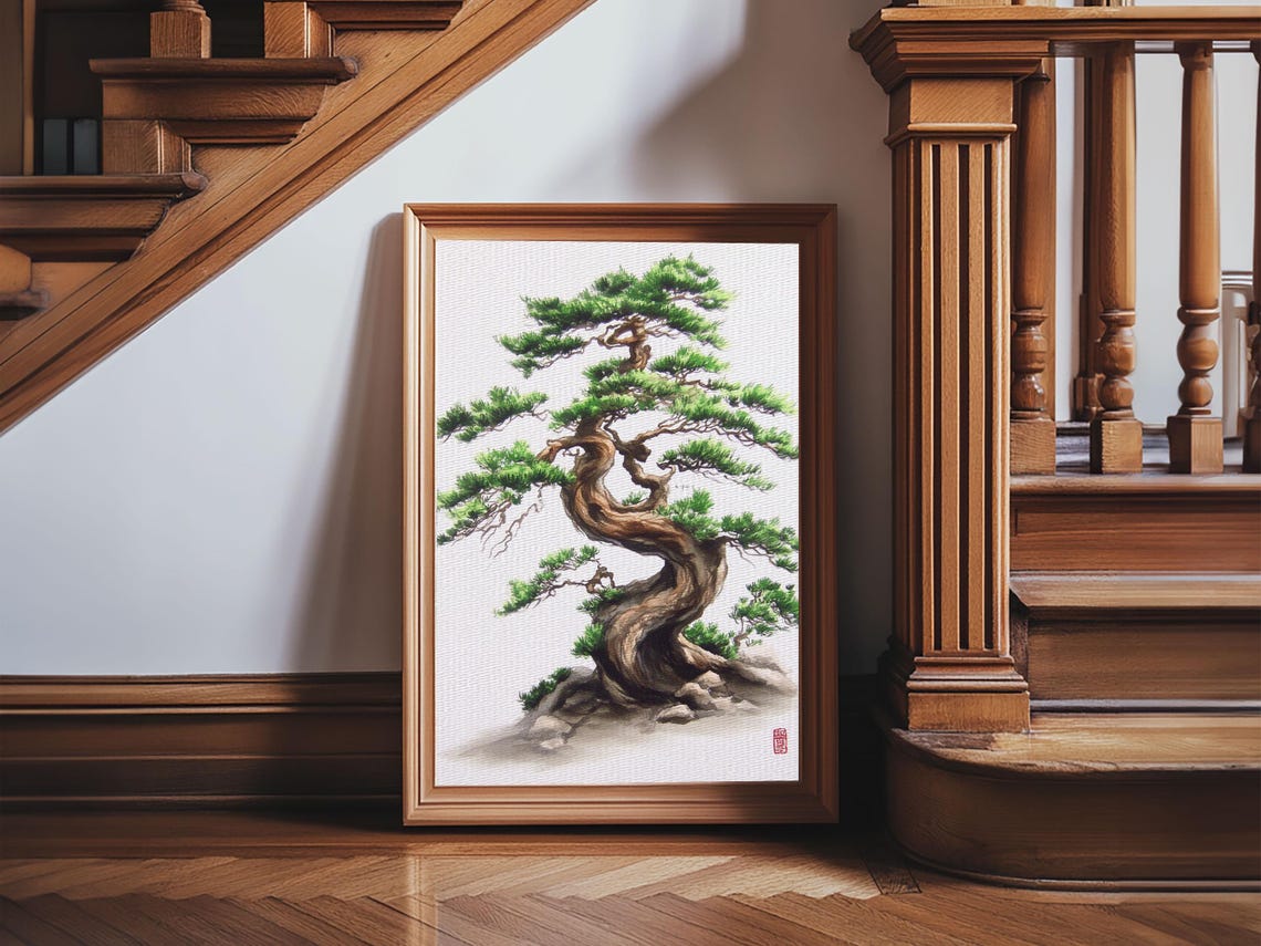 Twisted Bonsai Pine Tree Minimalist Watercolor Zen Art Print - Image 3