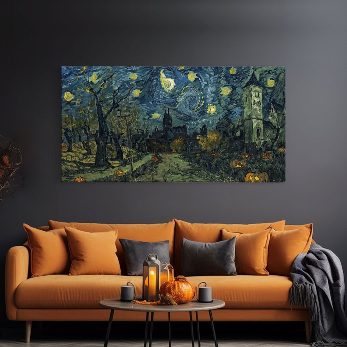 Starry Night Halloween River Path Jack O Lanterns Church Spooky Poster - Image 3