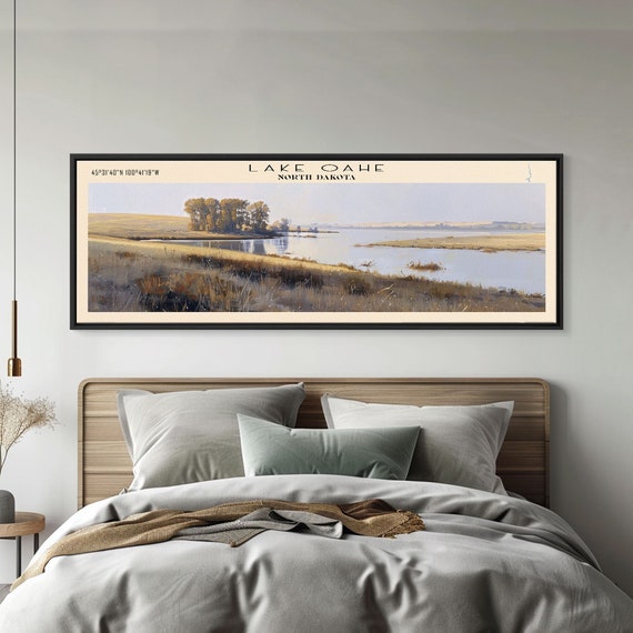 Lake Oahe North Dakota Framed Print Lake House Decor Panoramic Wall Art Travel Poster Stunning Landscape Painting Cottage Art