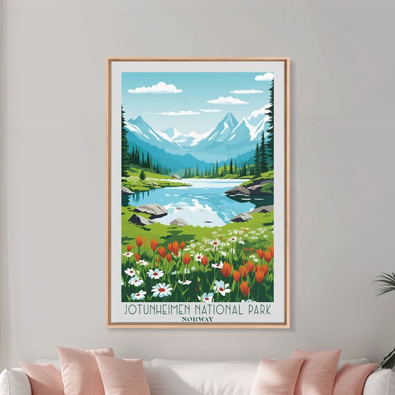 Jotunheimen National Park Norway Alpine Lake Wildflowers Travel Poster