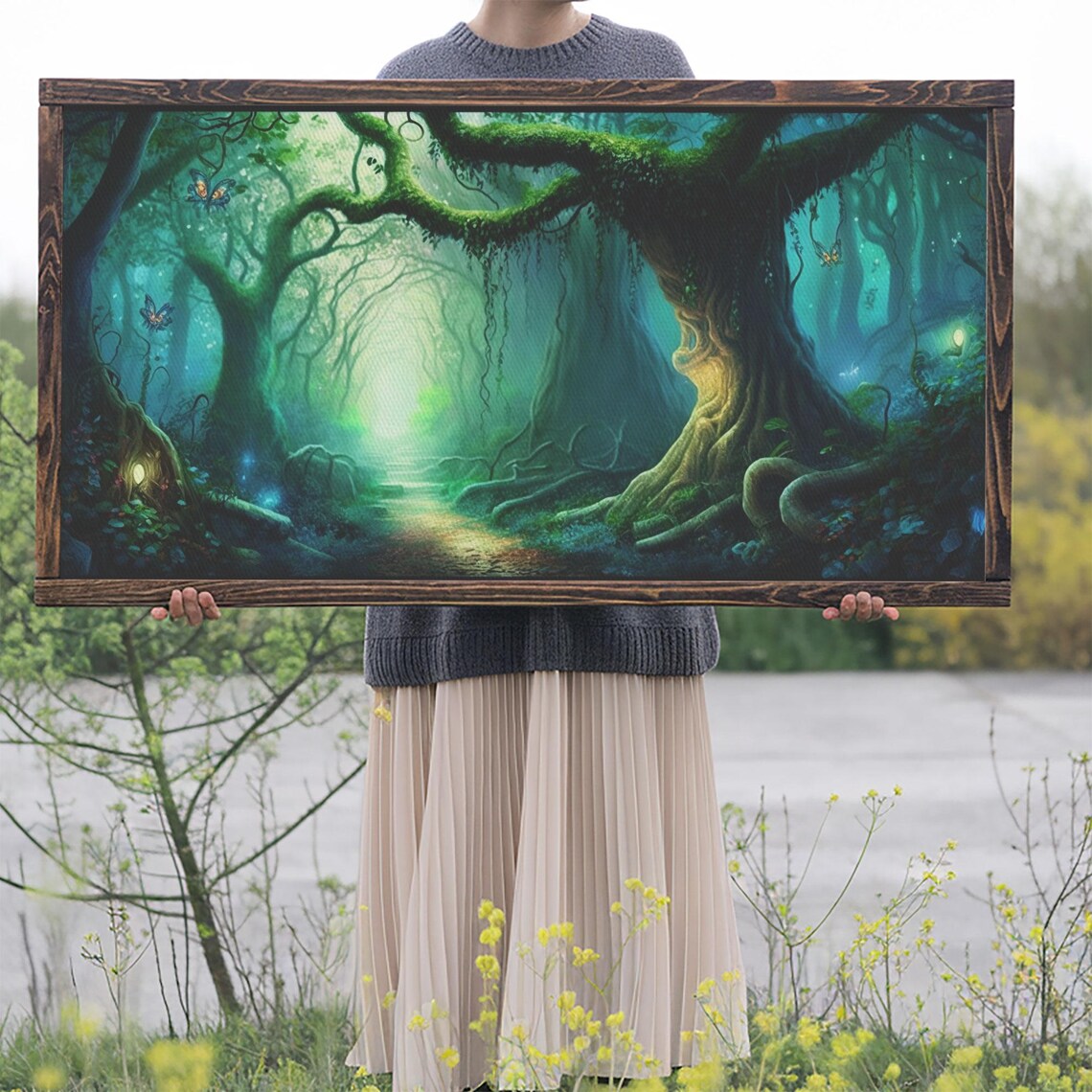 Magical Green Fairy Forest Mossy Archway Trees Glowing Path Wall Poster - Image 2