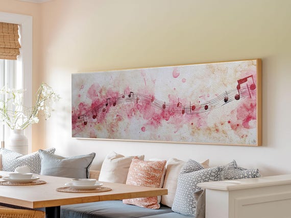 Pink Musical Notes Print Rustic Abstract Artwork For Living Room Nostalgic Art Nouveau Style Horizontal Wall Art Decor