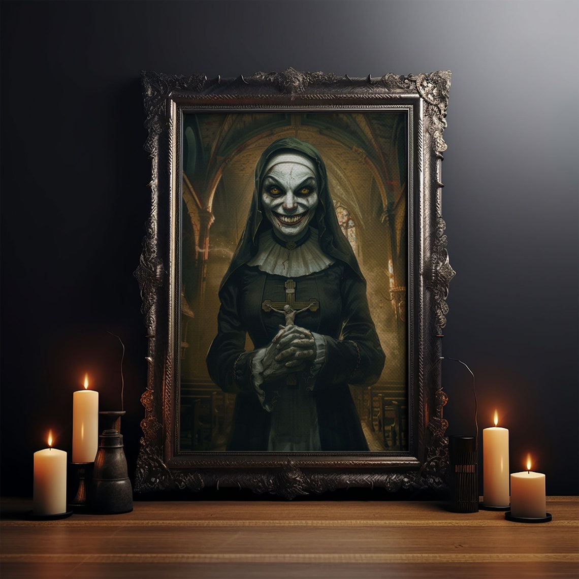 Sinister Grinning Nun Skull Face Cathedral Gothic Horror Art Poster - Image 4