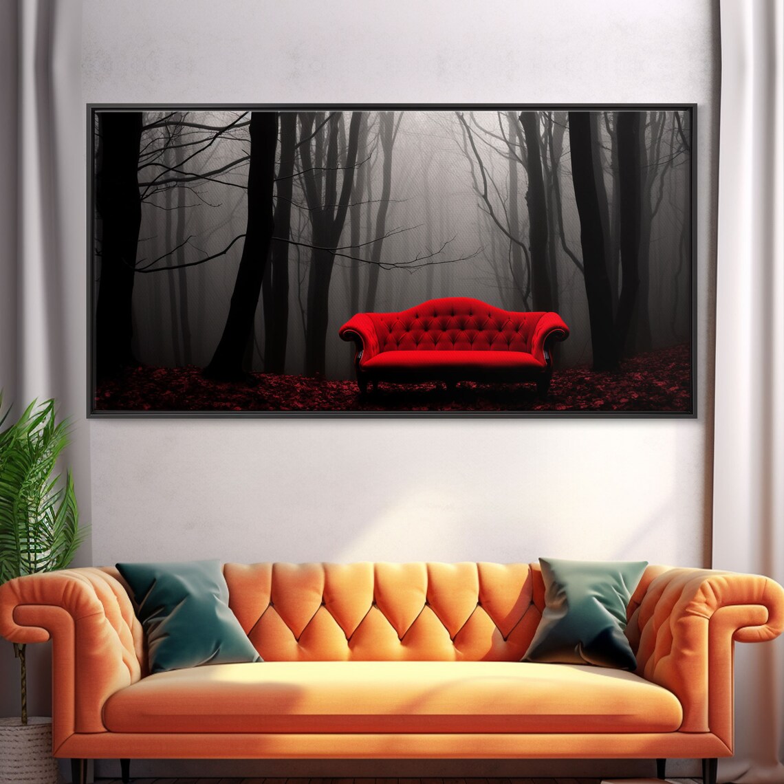 Red Sofa in a Forest, Creepy Halloween Art Print - Image 5