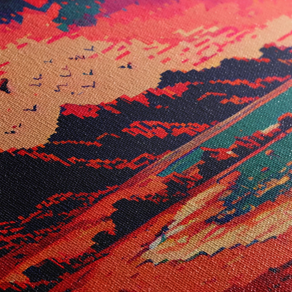 Pixel Art Panoramic Sunset Red Mountains Teal Ocean Retro Game Poster - Image 2