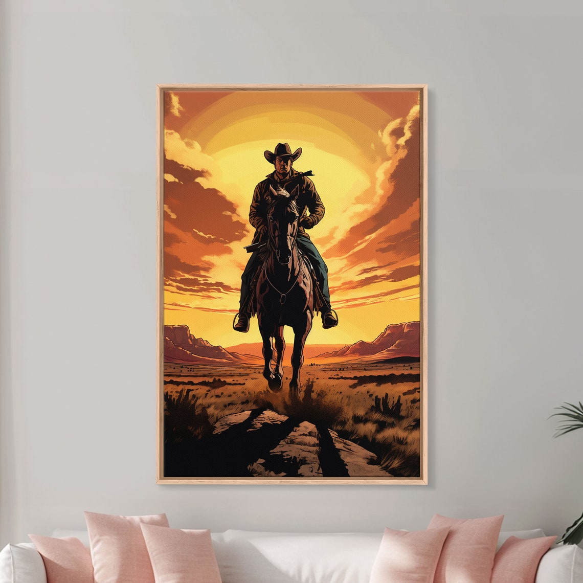 Cowboy Riding Toward Sunset Golden Plains Wild West Art Poster