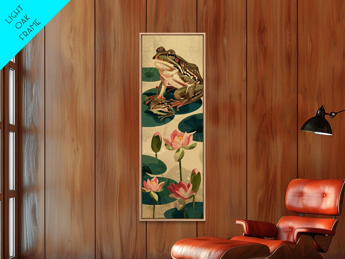 Green Frog Lily Pads Pink Lotus Flowers Pond Ukiyo E Art Poster
