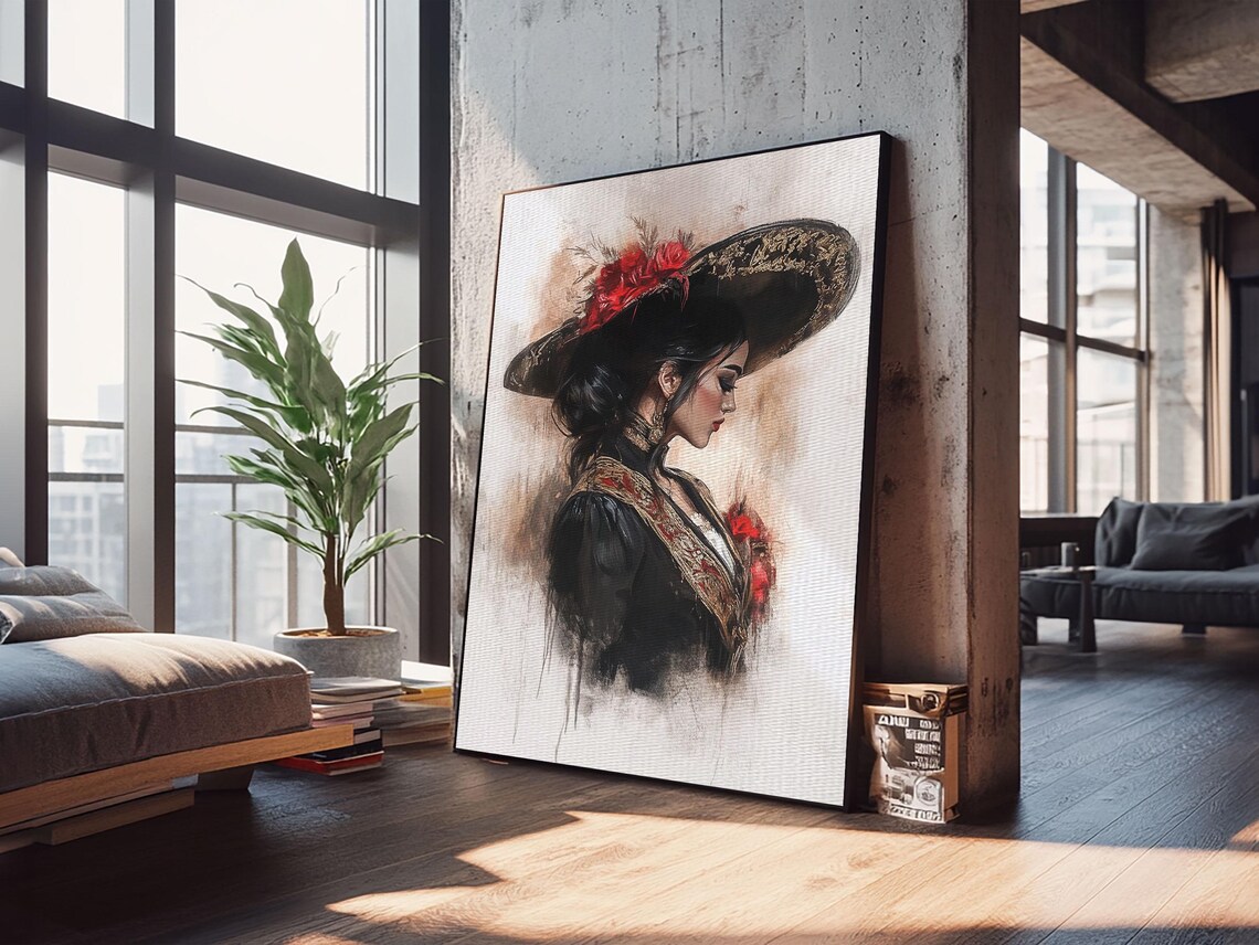 Female Matador Wide Hat Portrait Watercolor Chicano Wall Art Poster - Image 2