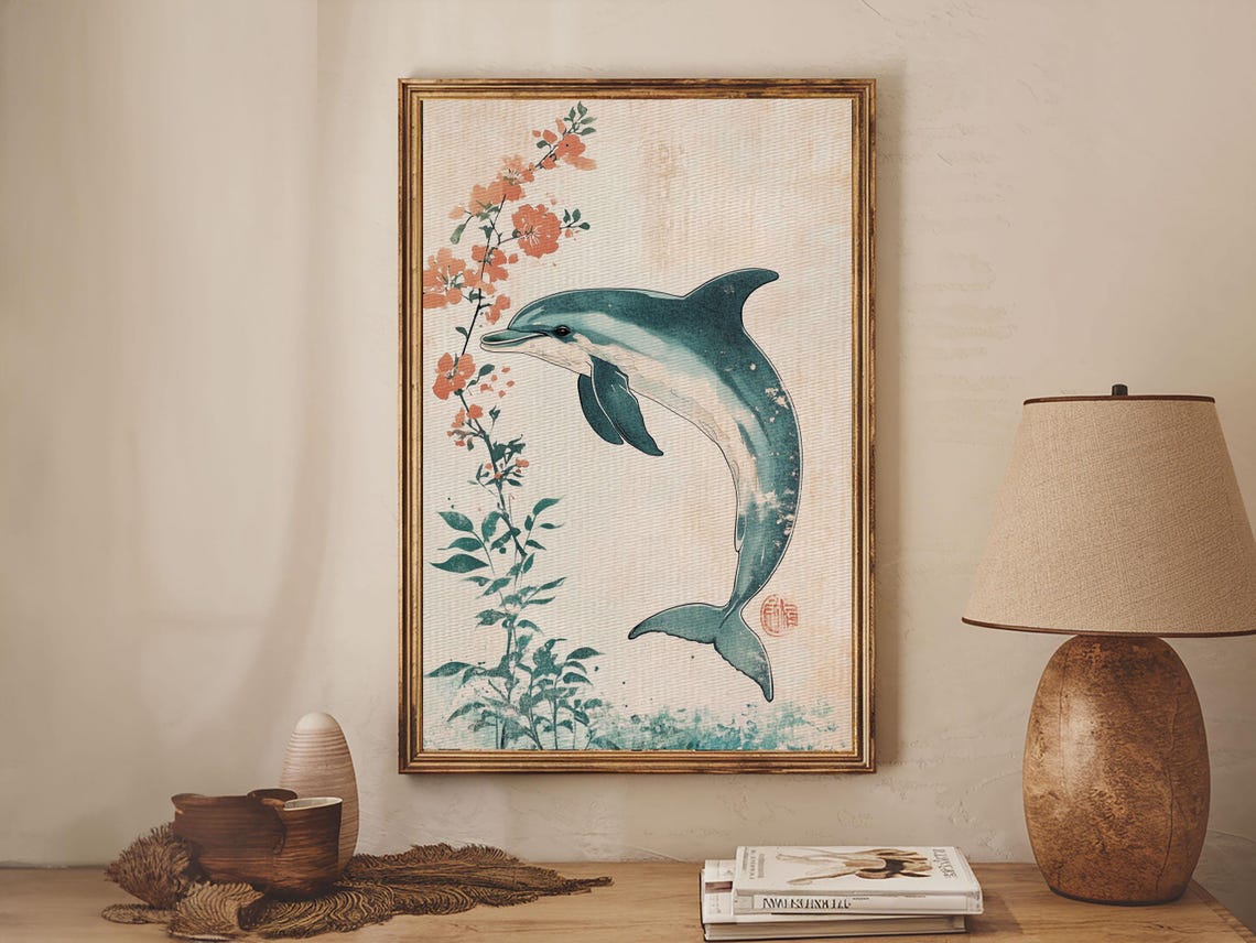 Japanese Dolphin With Cherry Blossoms Watercolor Style Animal Wall Art - Image 2