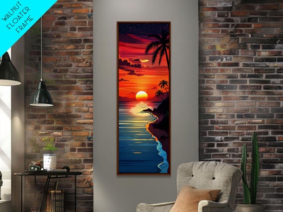 Coastal Sunset Palm Trees Midcentury Modern Art Framed Print Boho Art Skinny Art Living Room Art Bedroom Decor Tropical