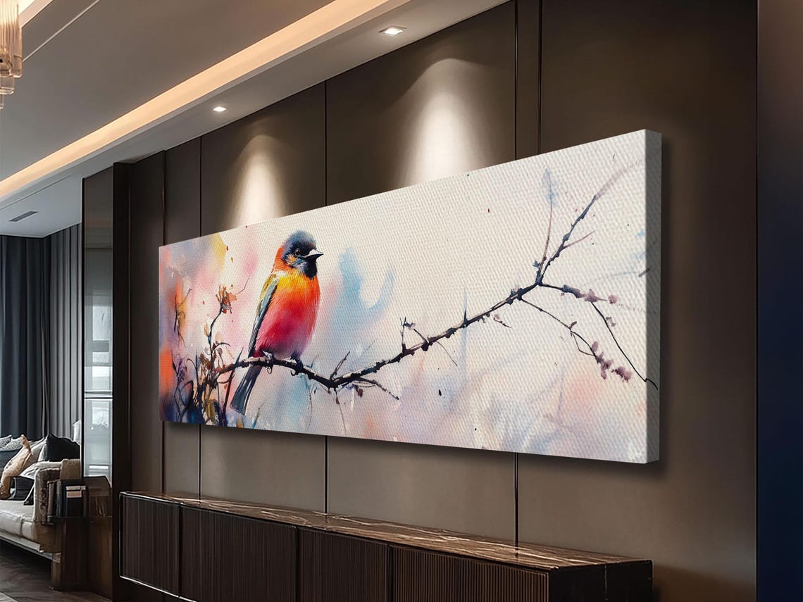 Autumn Colorful Songbird Watercolor Branch Panoramic Bird Wall Poster - Image 5