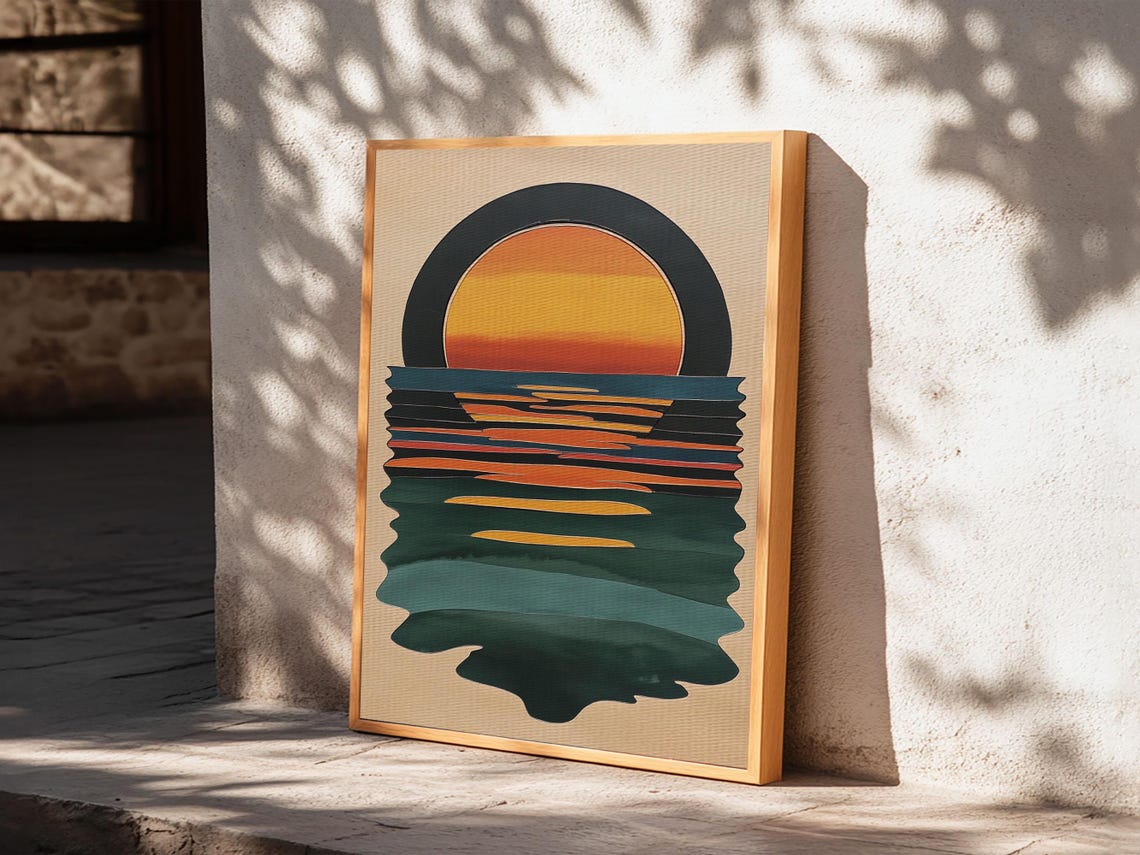 Art Deco Sunset Over Emerald Ocean Waves Minimalist Retro Art Poster