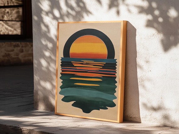 Art Deco Sunset Over Emerald Ocean Waves Minimalist Retro Art Poster