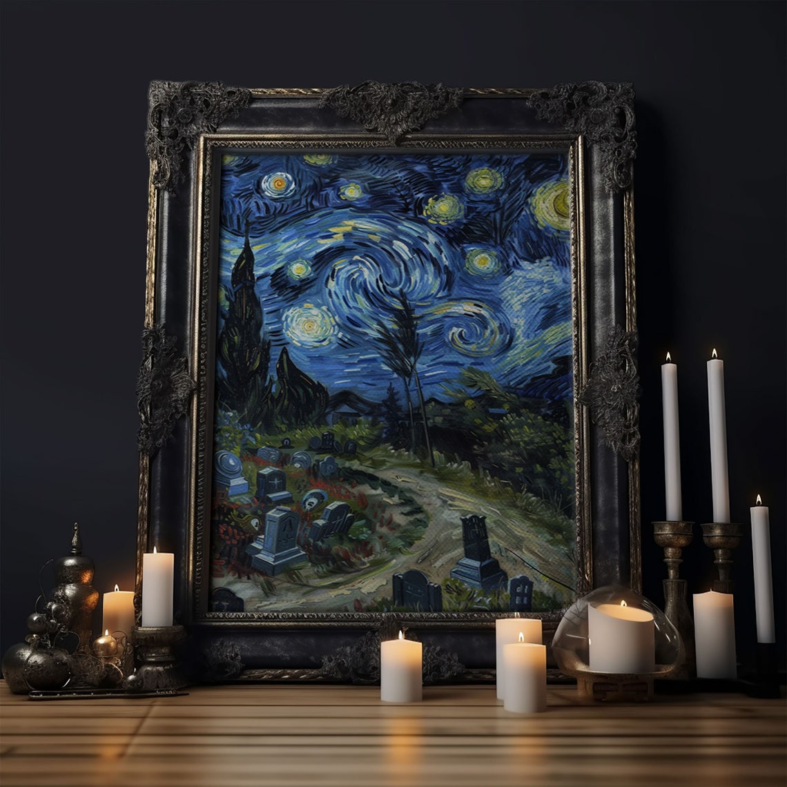 Starry Night Haunted Cemetery Graveyard Spooky Halloween Art Poster - Image 6