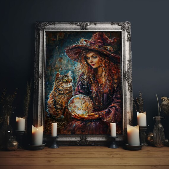 Enchanting Witch With Crystal Ball And Tabby Cat Mystical Art Poster