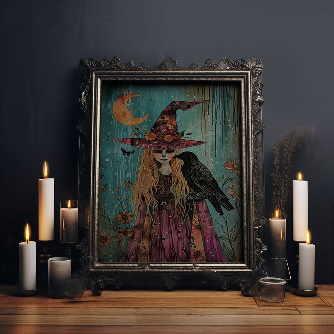 Witch With Crow In Magical Forest Crescent Moon Illustration Poster - Image 6
