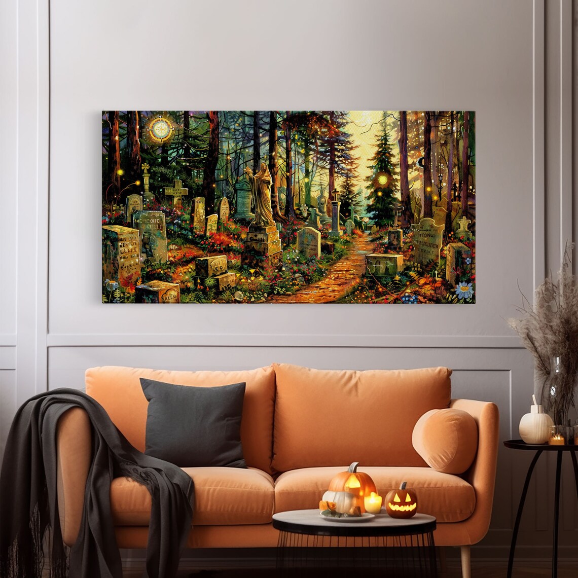 Colorful Haunted Graveyard Spring Flowers Moonlit Forest Halloween Print