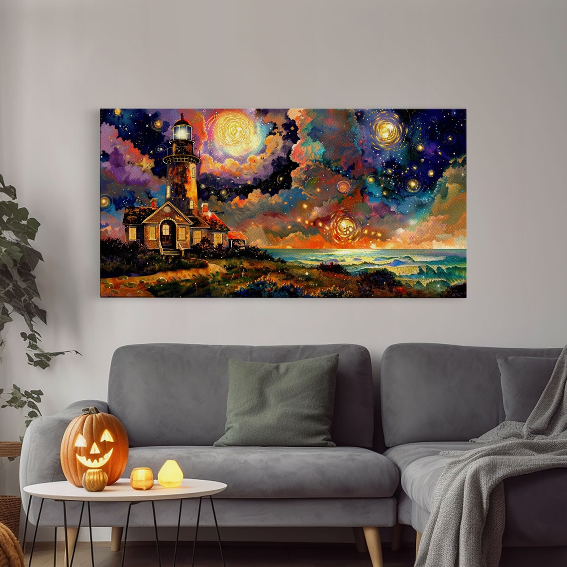 Colorful Lighthouse Under Starry Galaxy Sky Midcentury Style Art Print - Image 4