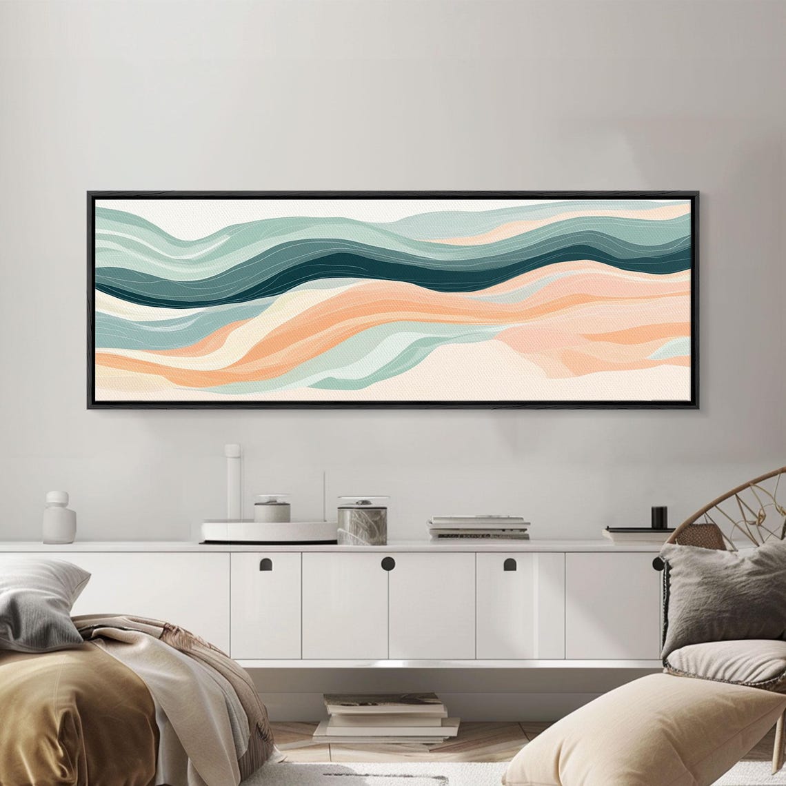Teal Navy Peach Ocean Waves Minimalist Abstract Wall Art Poster - Image 3