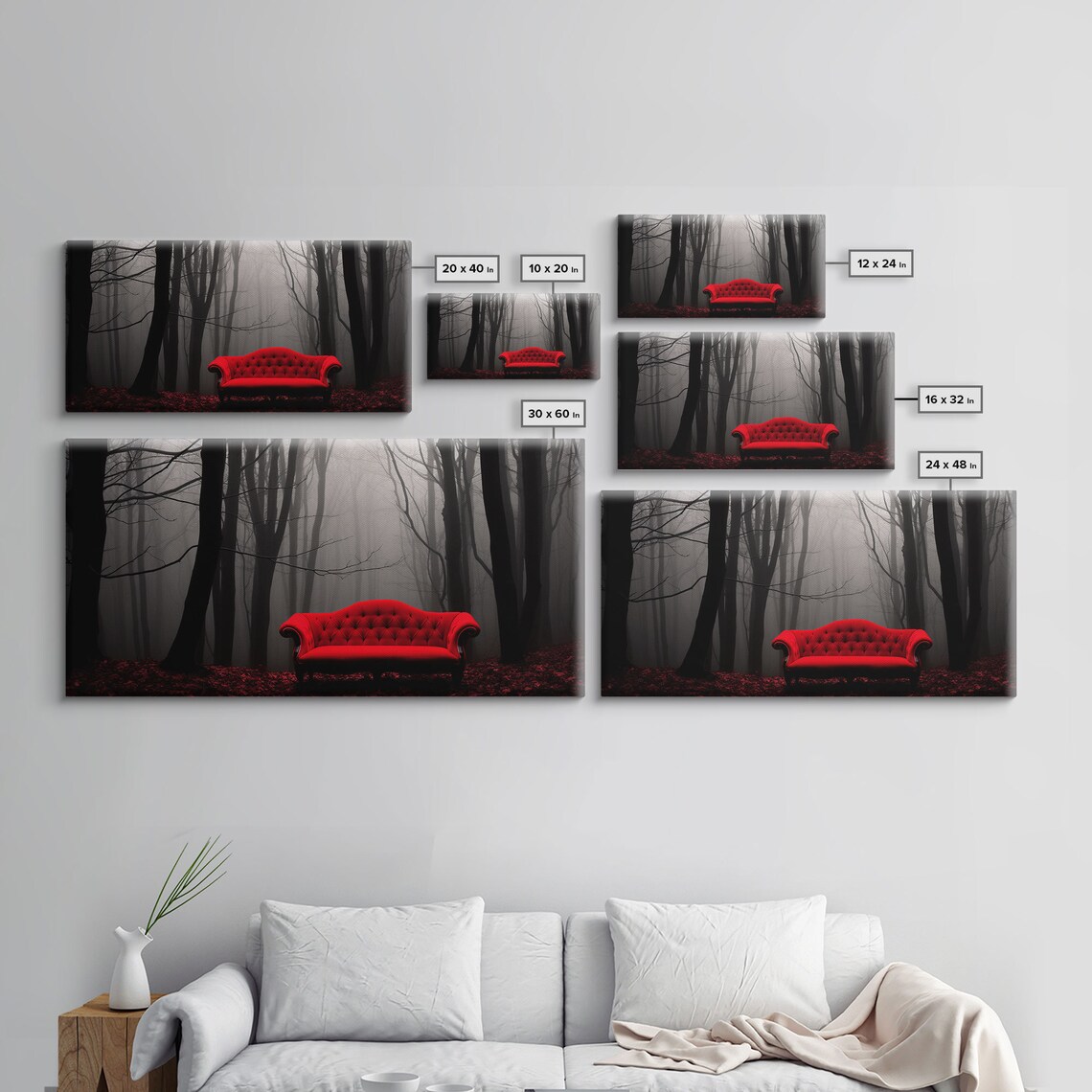 Red Sofa in a Forest, Creepy Halloween Art Print - Image 2
