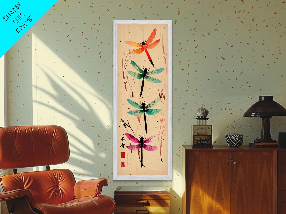 Dragonflies In Flight Japanese Style Colorful Insects Cream Backdrop Art Poster - Image 5