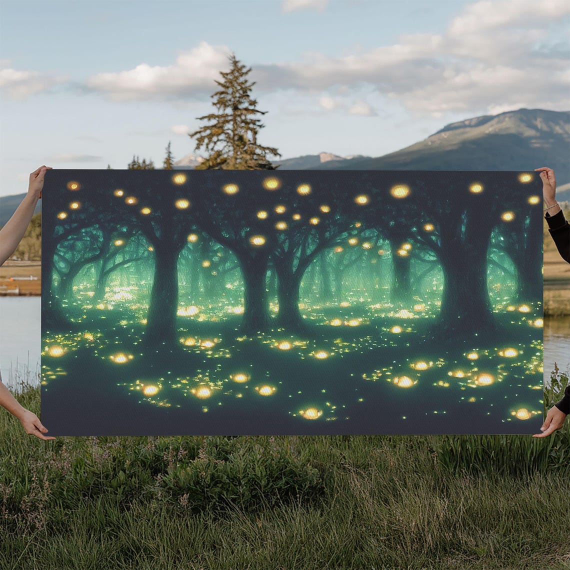 Enchanted Firefly Forest At Night With Glowing Teal Mist Wall Art - Image 6