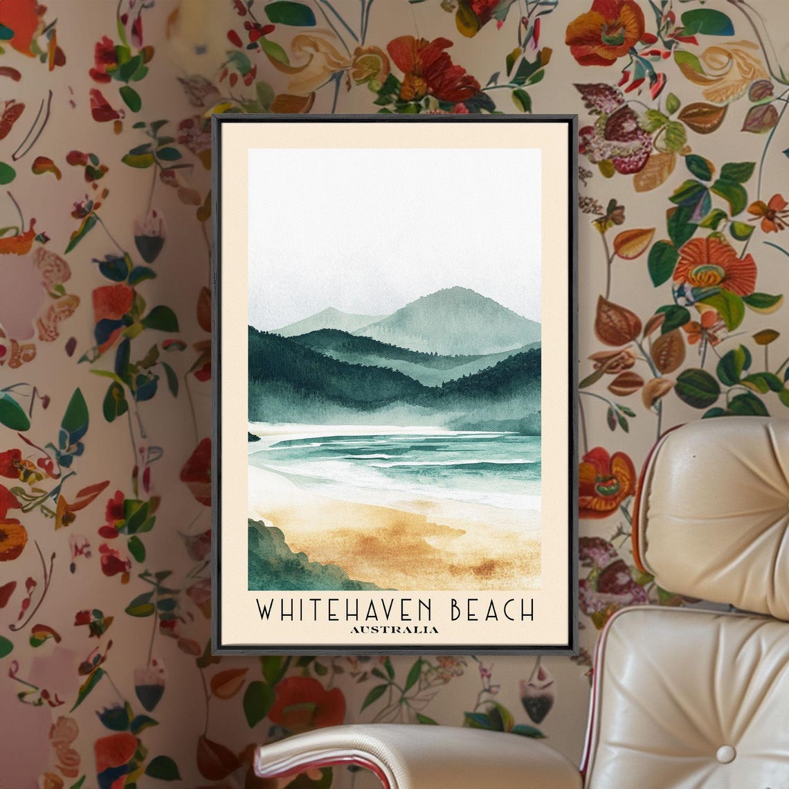 Whitehaven Beach Australia Misty Mountain Coast Watercolor Poster