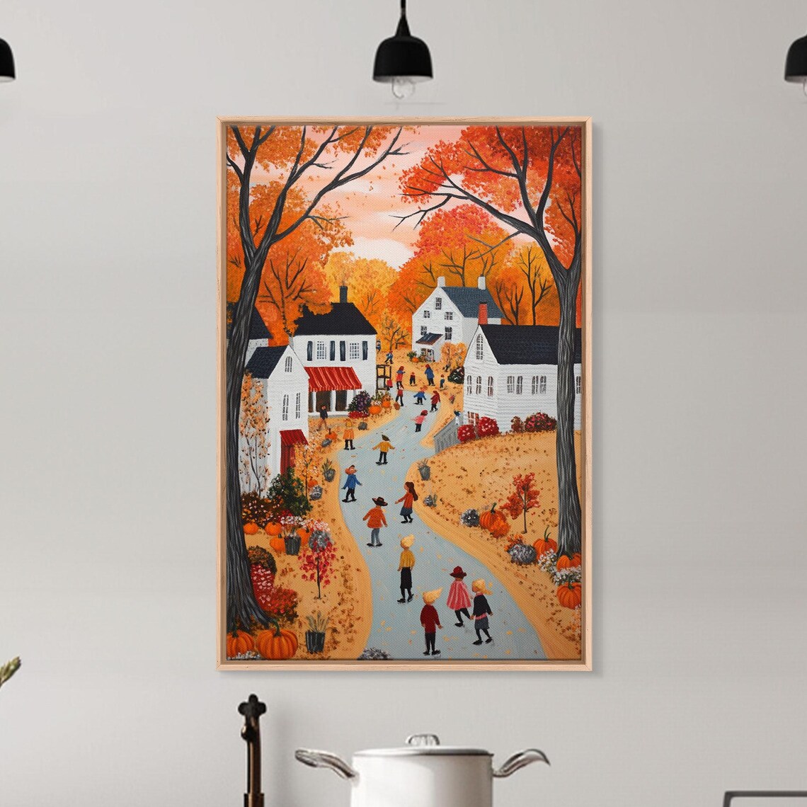 Autumn Village Folk Art With Children Pumpkins And Fall Foliage Poster