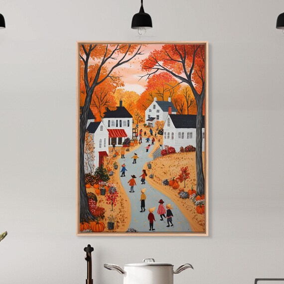 Autumn Village Folk Art With Children Pumpkins And Fall Foliage Poster