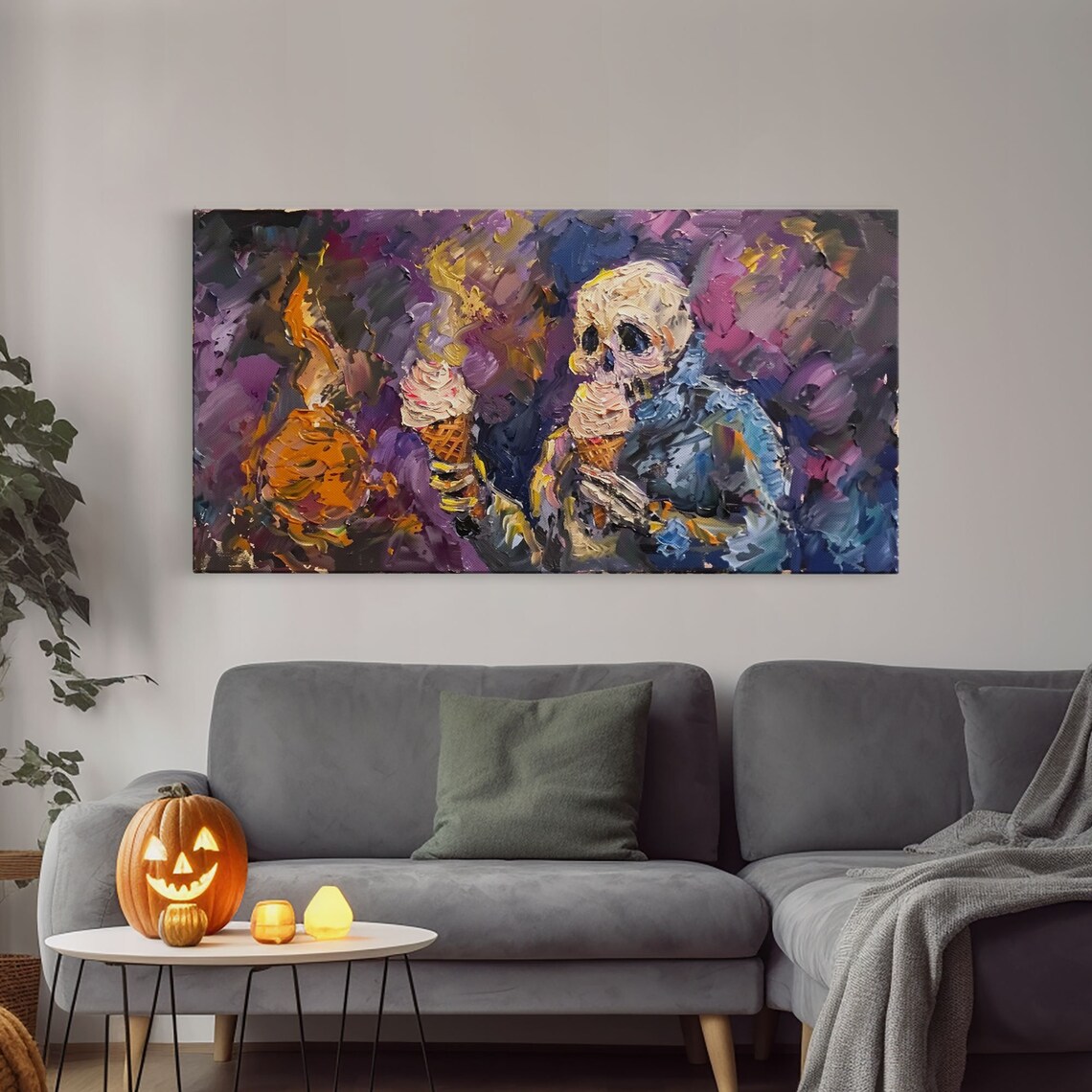 Funny Skeleton Eating Two Ice Cream Cones Impressionist Spooky Wall Art - Image 4