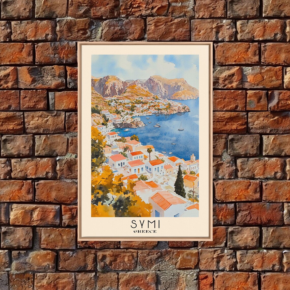 Symi Greece Island Harbor Red Roofs Blue Sea Sailboats Travel Poster