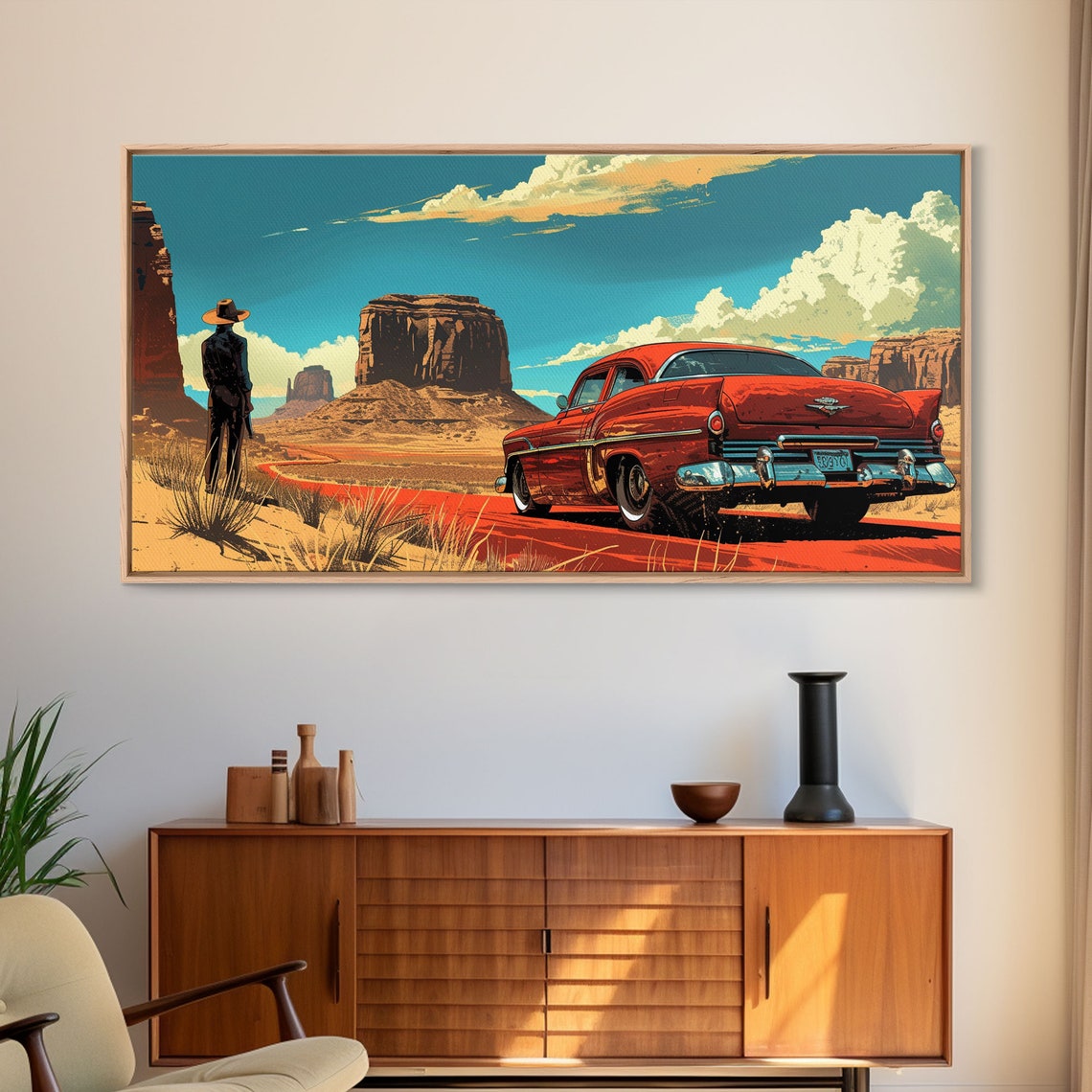 Red 1950s Classic Hot Rod Desert Highway Cowboy Pop Art Poster - Image 6