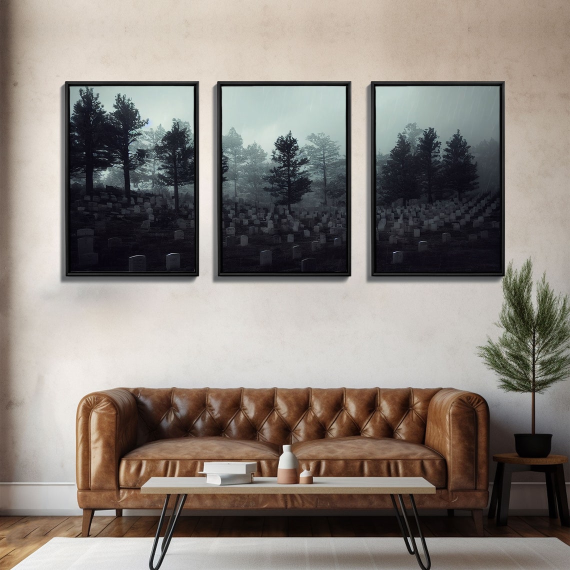 Spooky Foggy Graveyard With Dark Pines Three Piece Haunting Print - Image 2