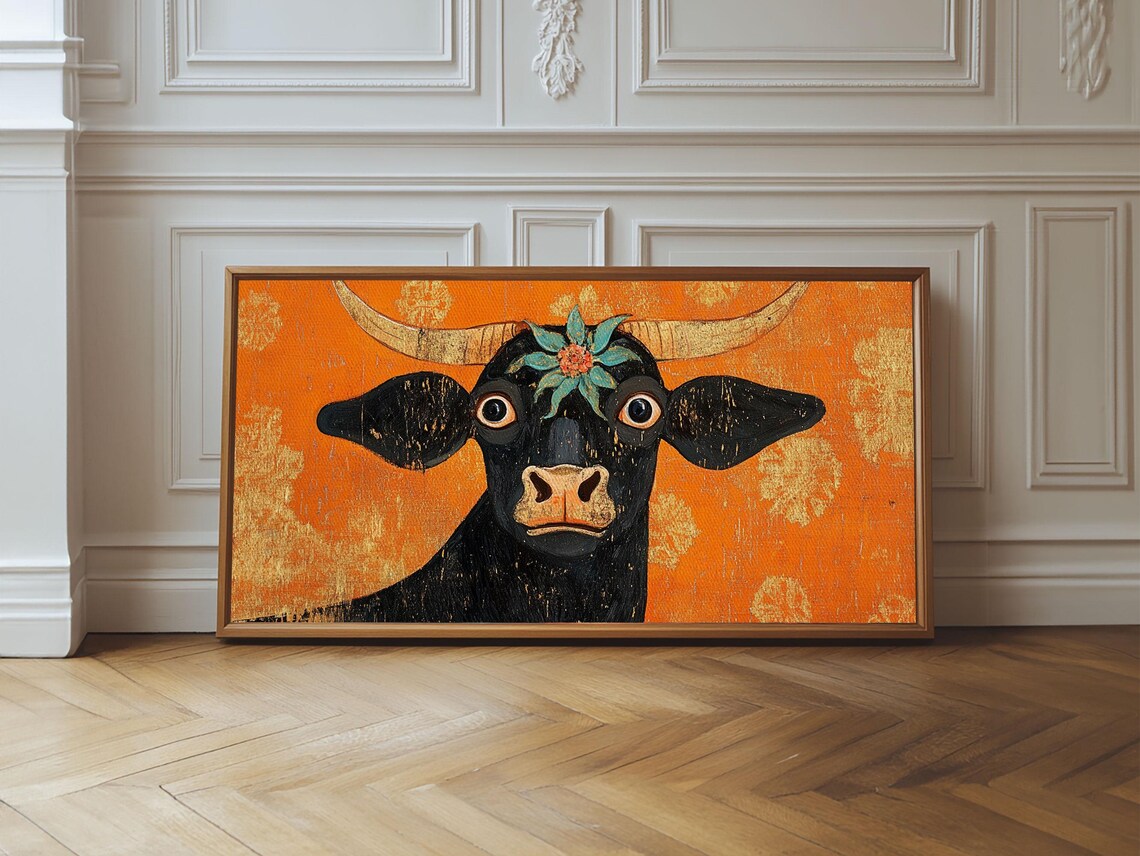 Funny Wide Eyed Black Cow Flower Crown Orange Folk Art Animal Poster - Image 6