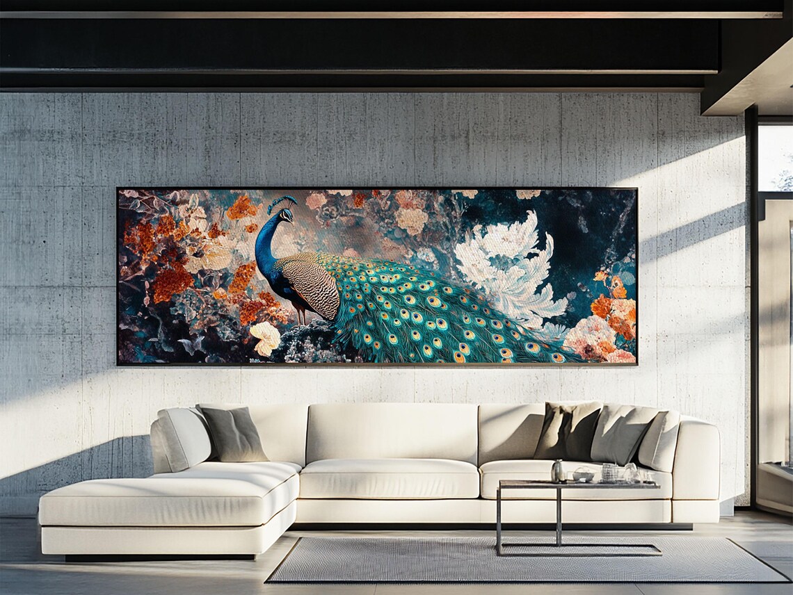 Vibrant Peacock Mosaic Floral Panoramic Living Room Wall Art Poster - Image 2