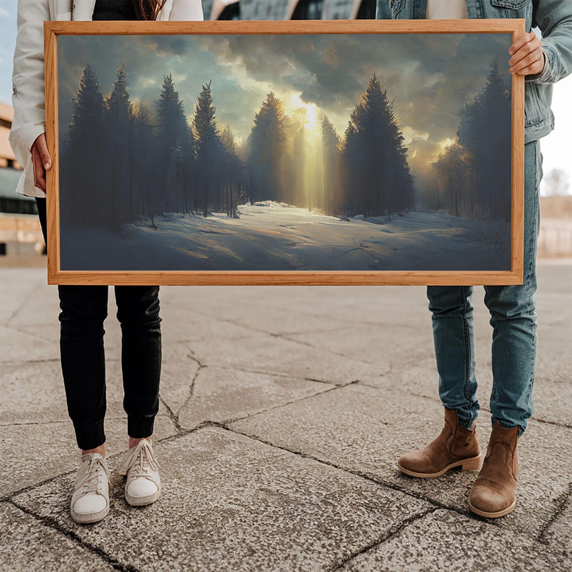 Snowy Pine Forest Sunbeam Winter Landscape Moody Nature Wall Poster - Image 5