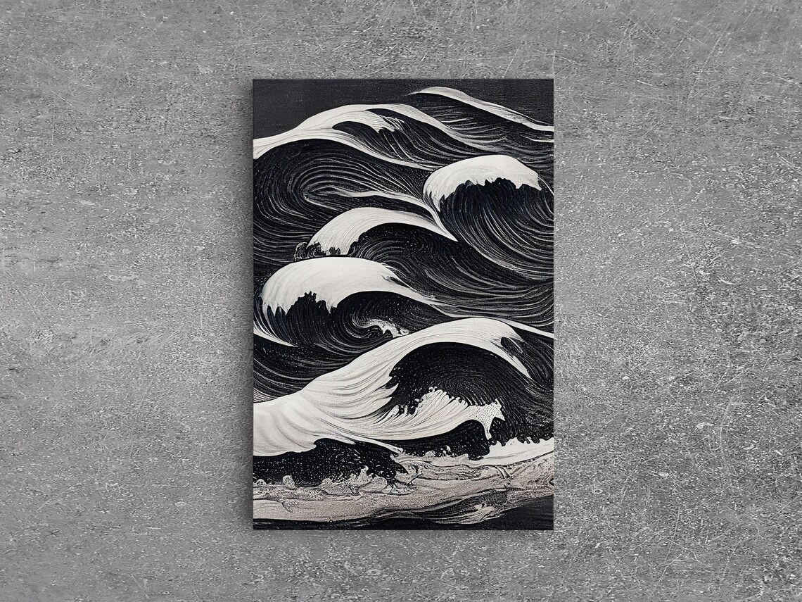 Black And White Tidal Waves Japanese-Style Art Print