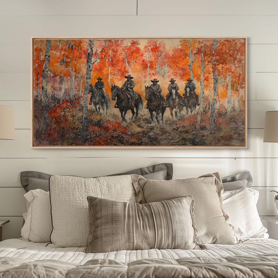 Cowboys Riding Through Fiery Autumn Birch Forest Western Art Print - Image 6