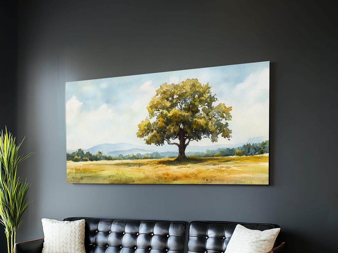 Lone Tree Golden Meadow Distant Mountains Watercolor Country Poster - Image 3