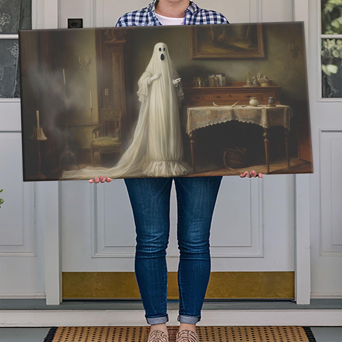 Friendly Sheet Ghost Haunting Victorian Parlour Oil Painting Print - Image 4