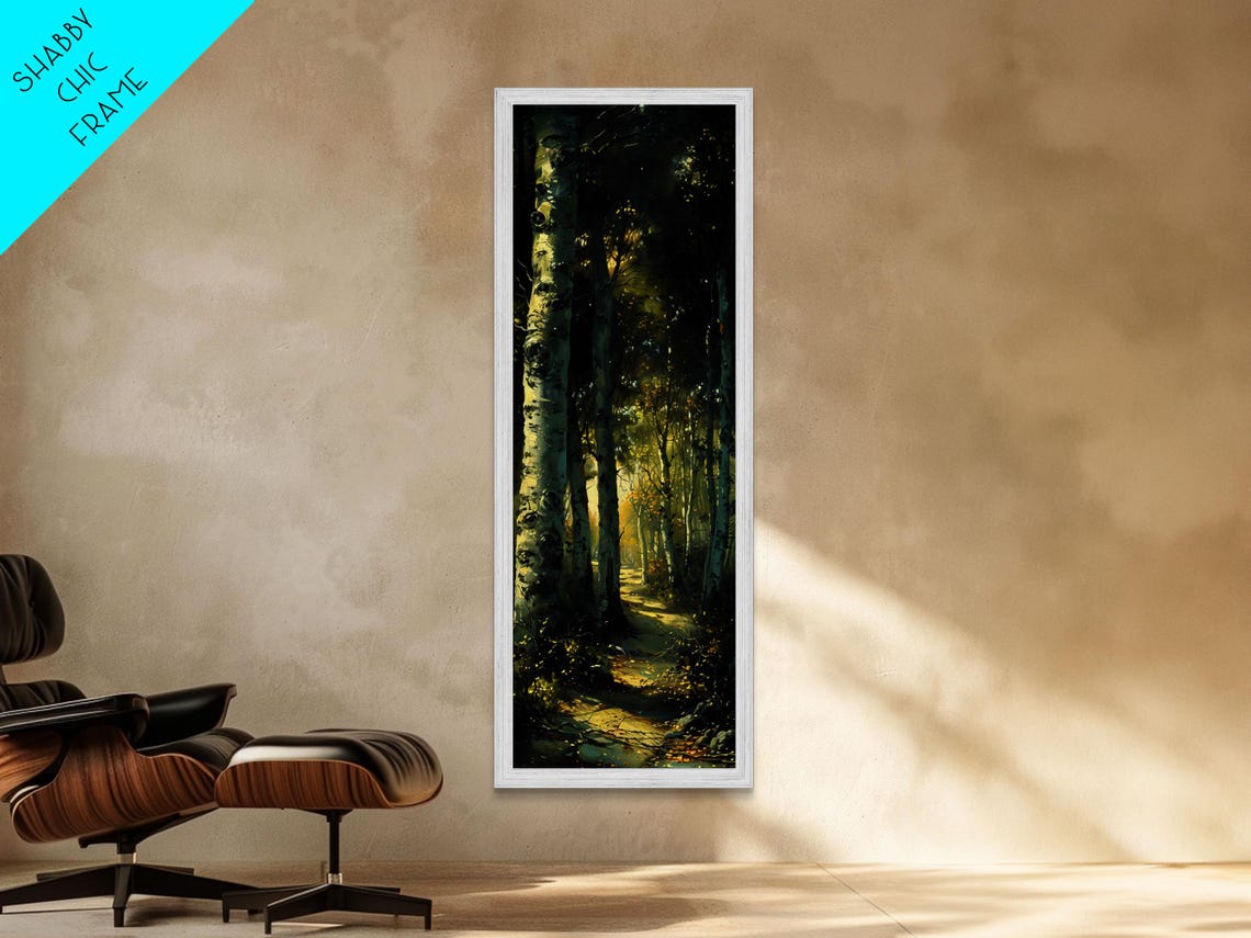 Moody Birch Forest Path Sunlit Trunks Golden Light Woodland Poster - Image 4