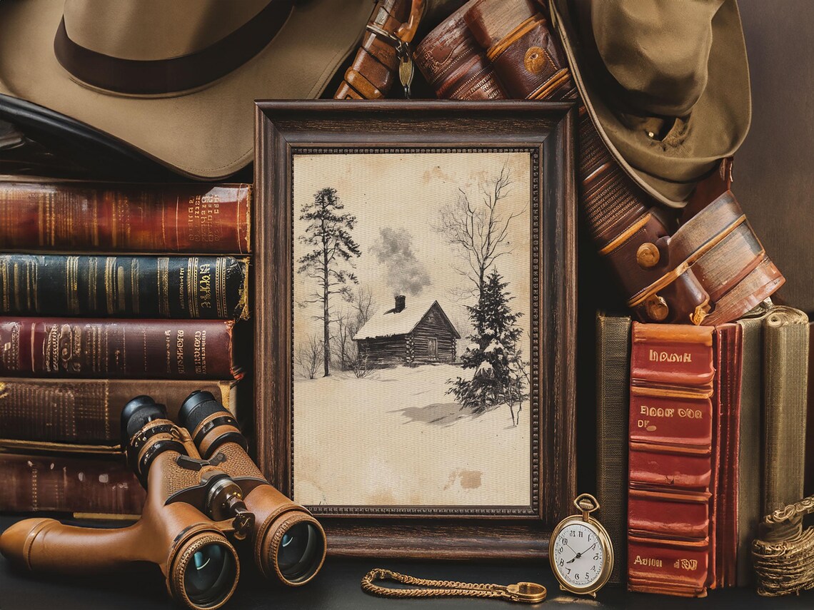 Vintage Snow Covered Log Cabin in Winter Forest Sketch Art Poster - Image 6