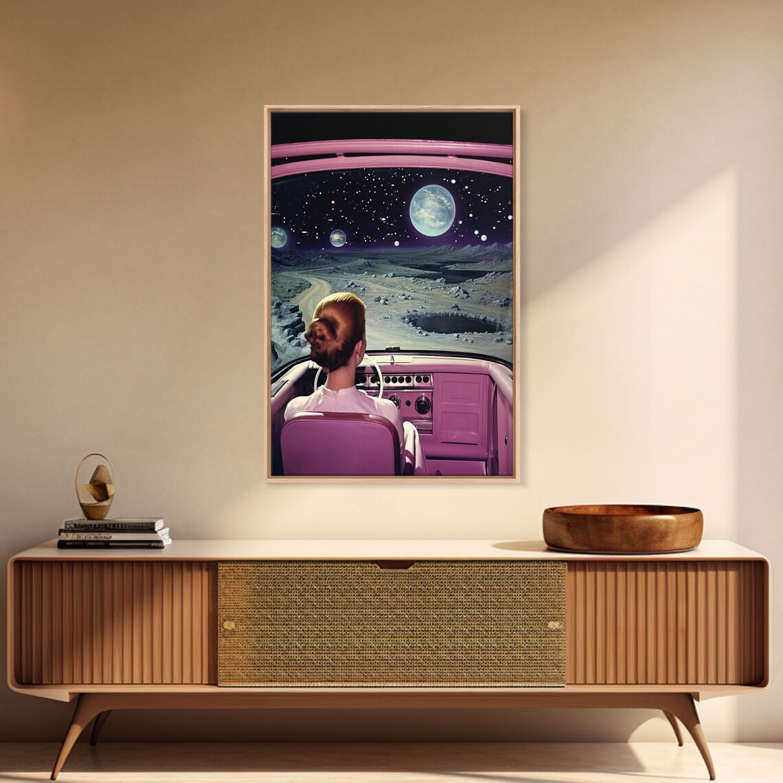 Retro 1950s Sci-Fi Woman Driving Pink Car Lunar Landscape Space Poster - Image 3