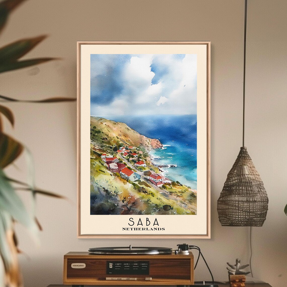 Saba Netherlands Cliffside Village Red Roof Bay Watercolor Poster - Image 3