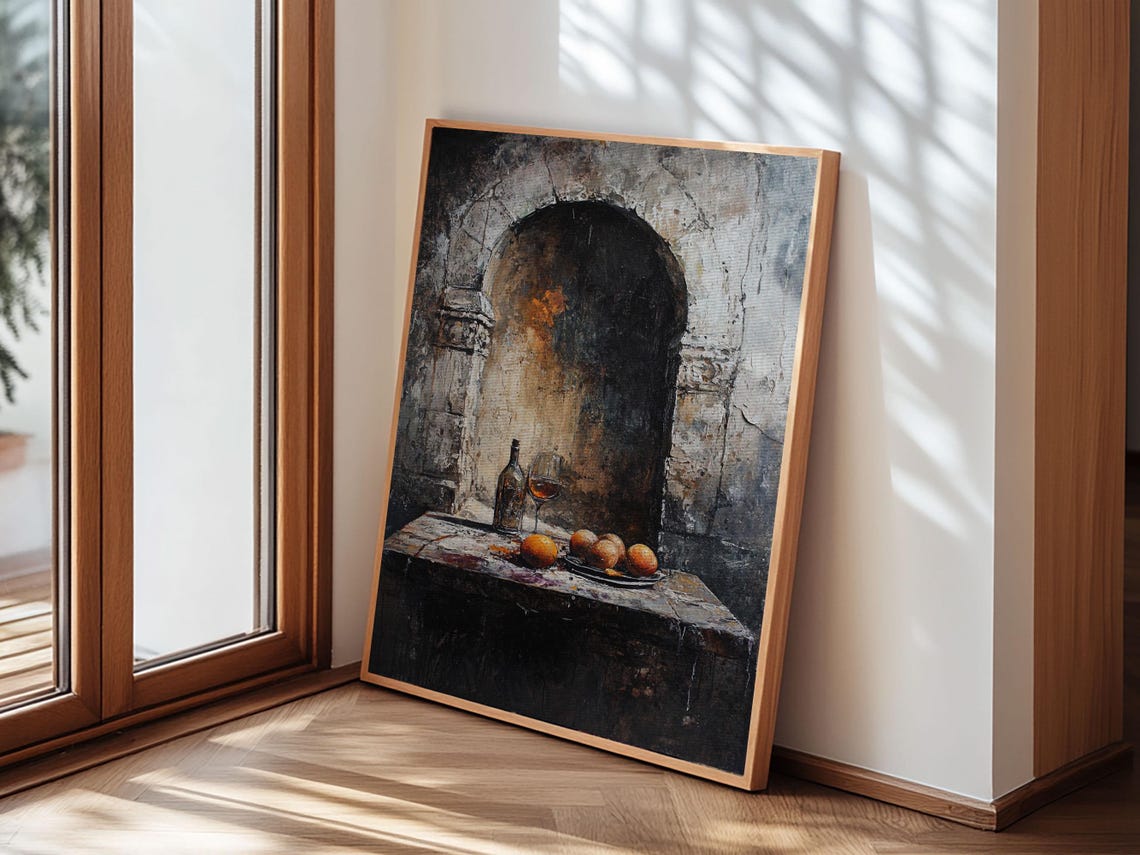 Dark Rustic Still Life Wine And Fruit Stone Arch Wall Art Print - Image 4