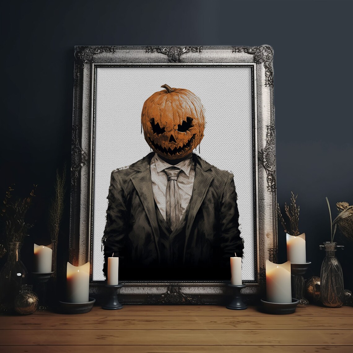 Jack O Lantern Head Man In Business Suit Vintage Halloween Portrait Print